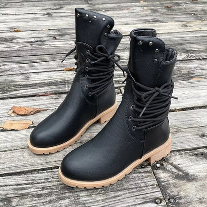 Lace Up Block Heels Boots - Black - View 3