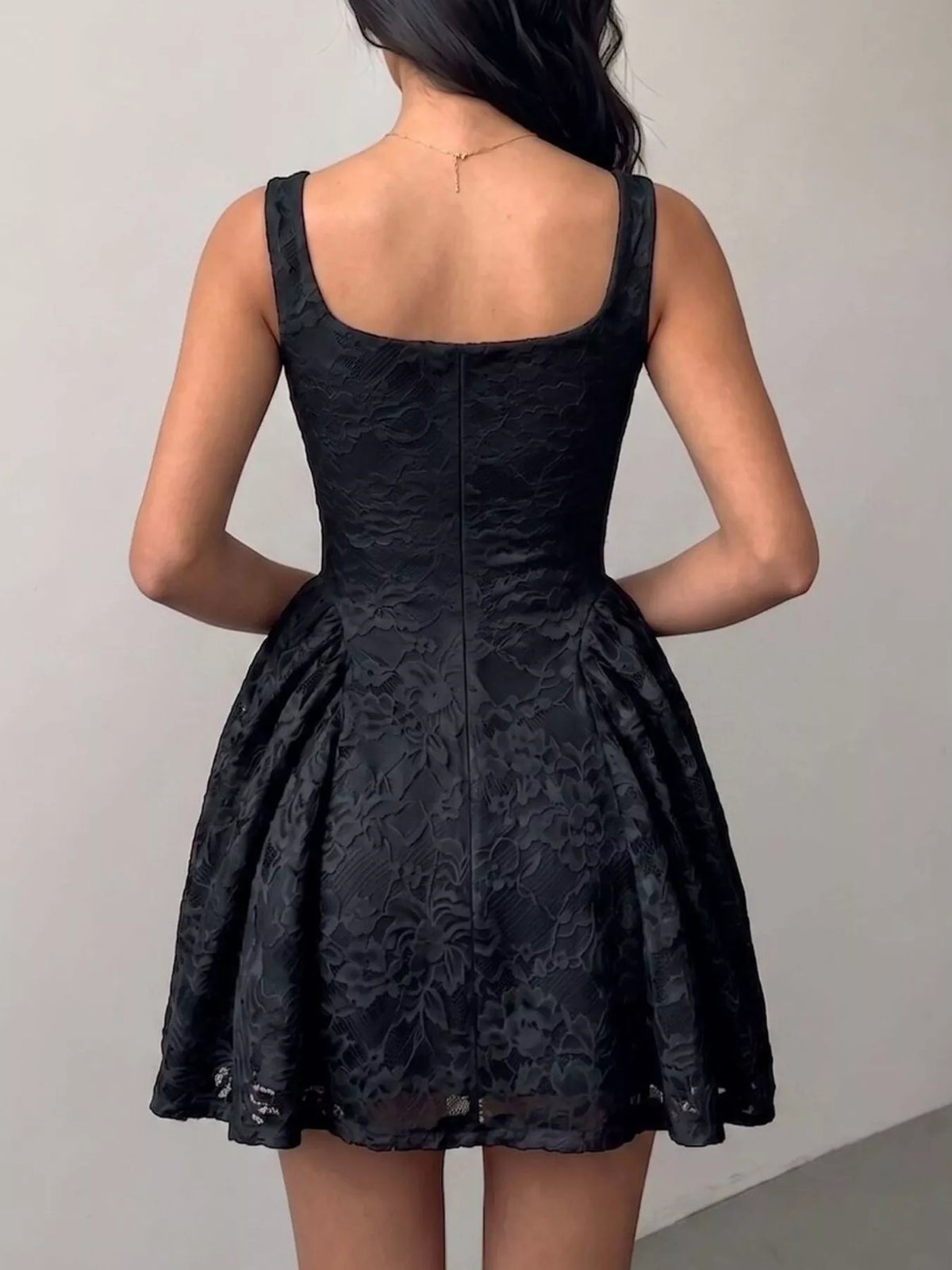 Floral Lace Square Neck Mini Dress - Black - View 2