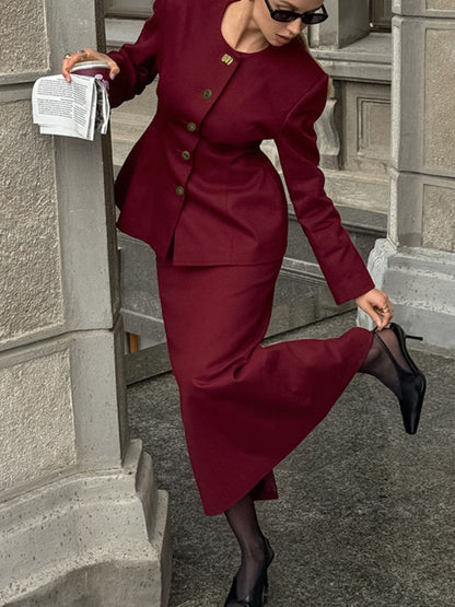 Button Up Peplum Blazer & Skirt Set - Burgundy - View 3