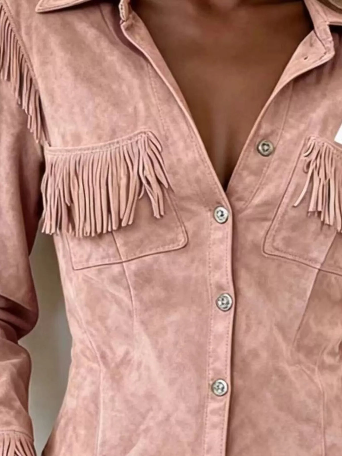 Full Size Fringed Snap Down Jacket Plus Size - Dusty Pink - View 2