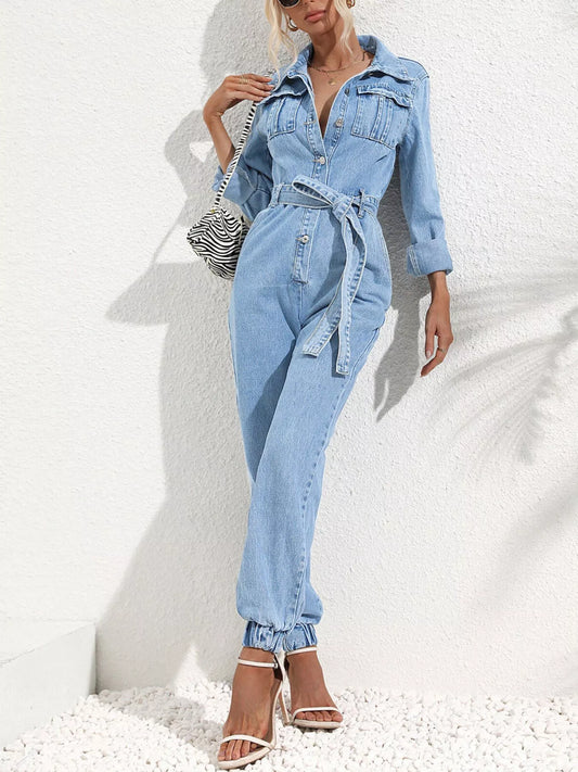 Button Front Belt Denim Jumpsuit - product photo 1