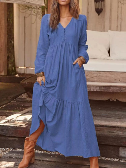Full Size V-Neck Long Sleeve Tiered Maxi Dress with Pockets Plus Size - Dark Blue - View 1