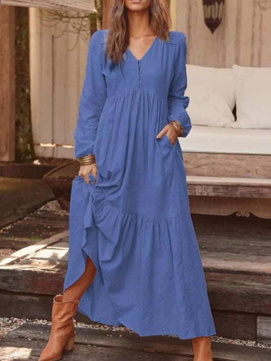 Full Size V-Neck Long Sleeve Tiered Maxi Dress with Pockets Plus Size - Dark Blue - View 1