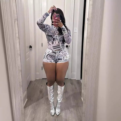 Tight and sexy printed round neck elastic casual long sleeved shorts set