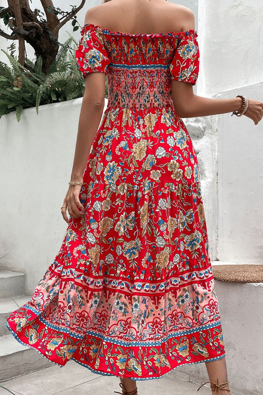 Perfee Floral Off-Shoulder Smocked Midi Dress - Deep Red - View 2