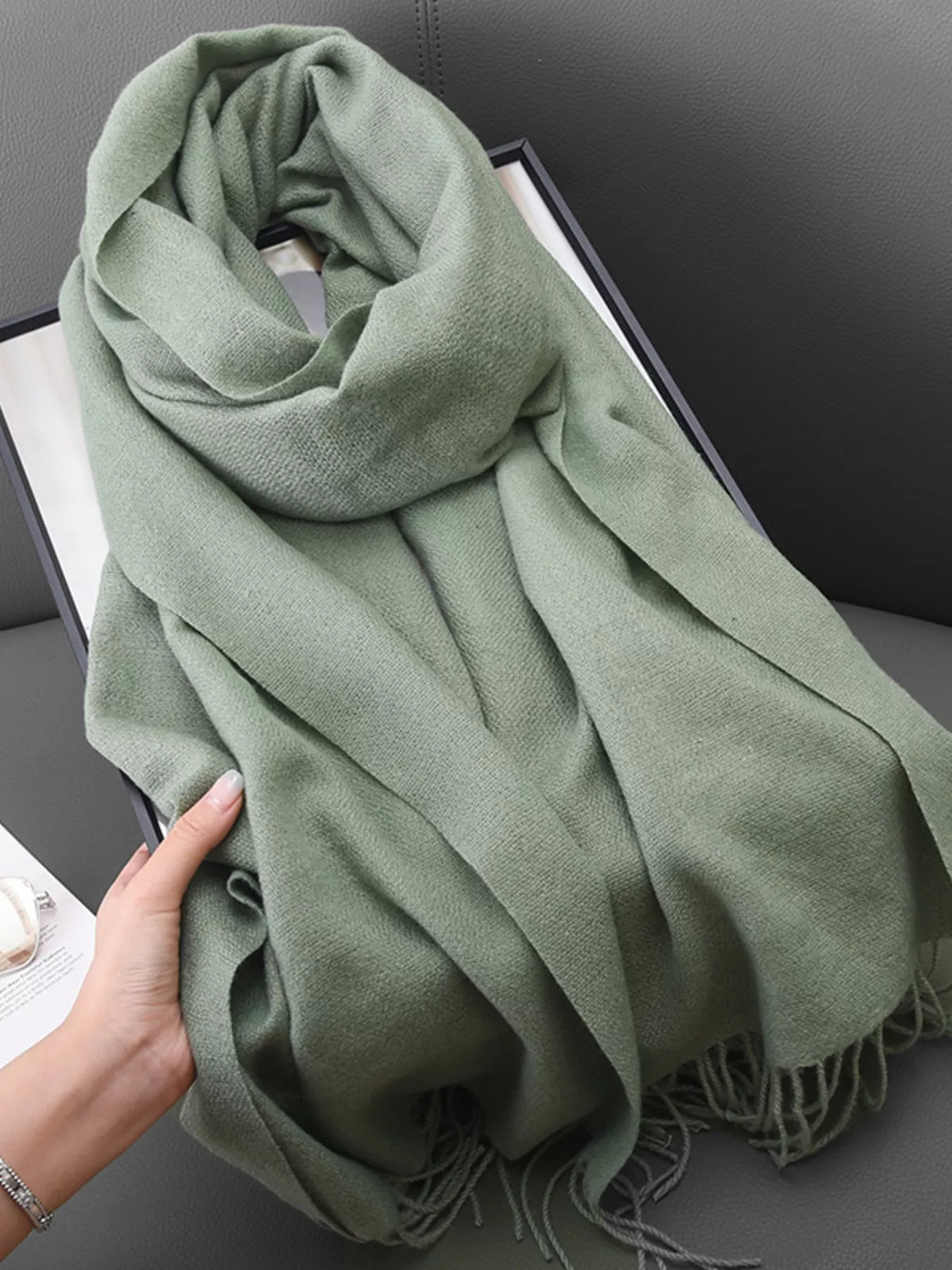 Solid Color Fringe Scarf - Sage - View 15