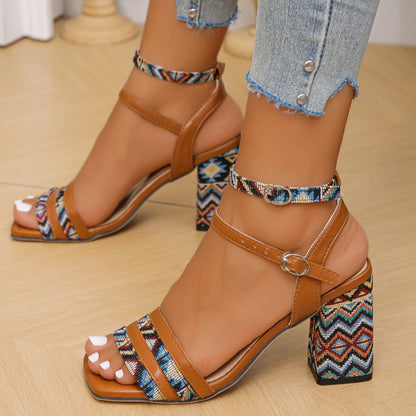 Open Toe Block Heels Sandals - Light Brown - View 4