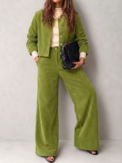 Full Size Corduroy Button-Down Jacket and Wide-Leg Pants Two-Piece Set Plus Size - Matcha Green - View 1