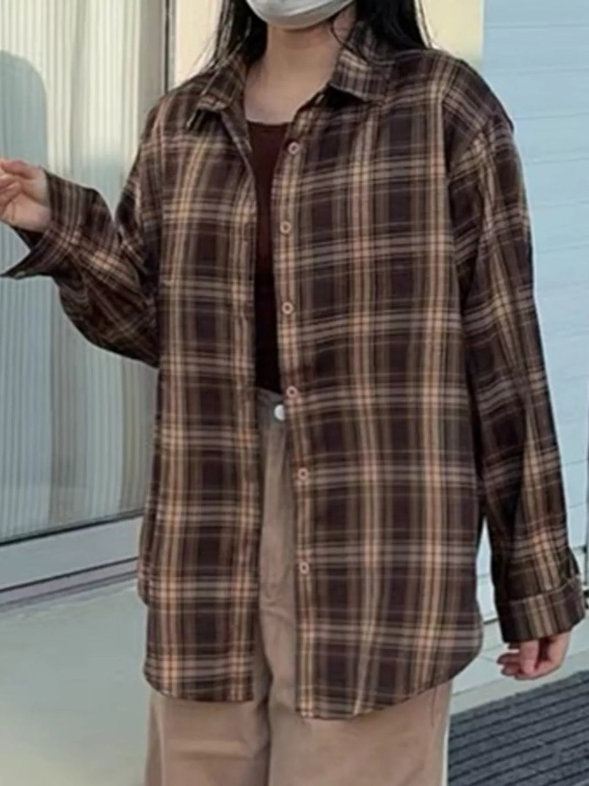 Casual Loose Fit Plaid Shirt - Brown-Plaid - View 9