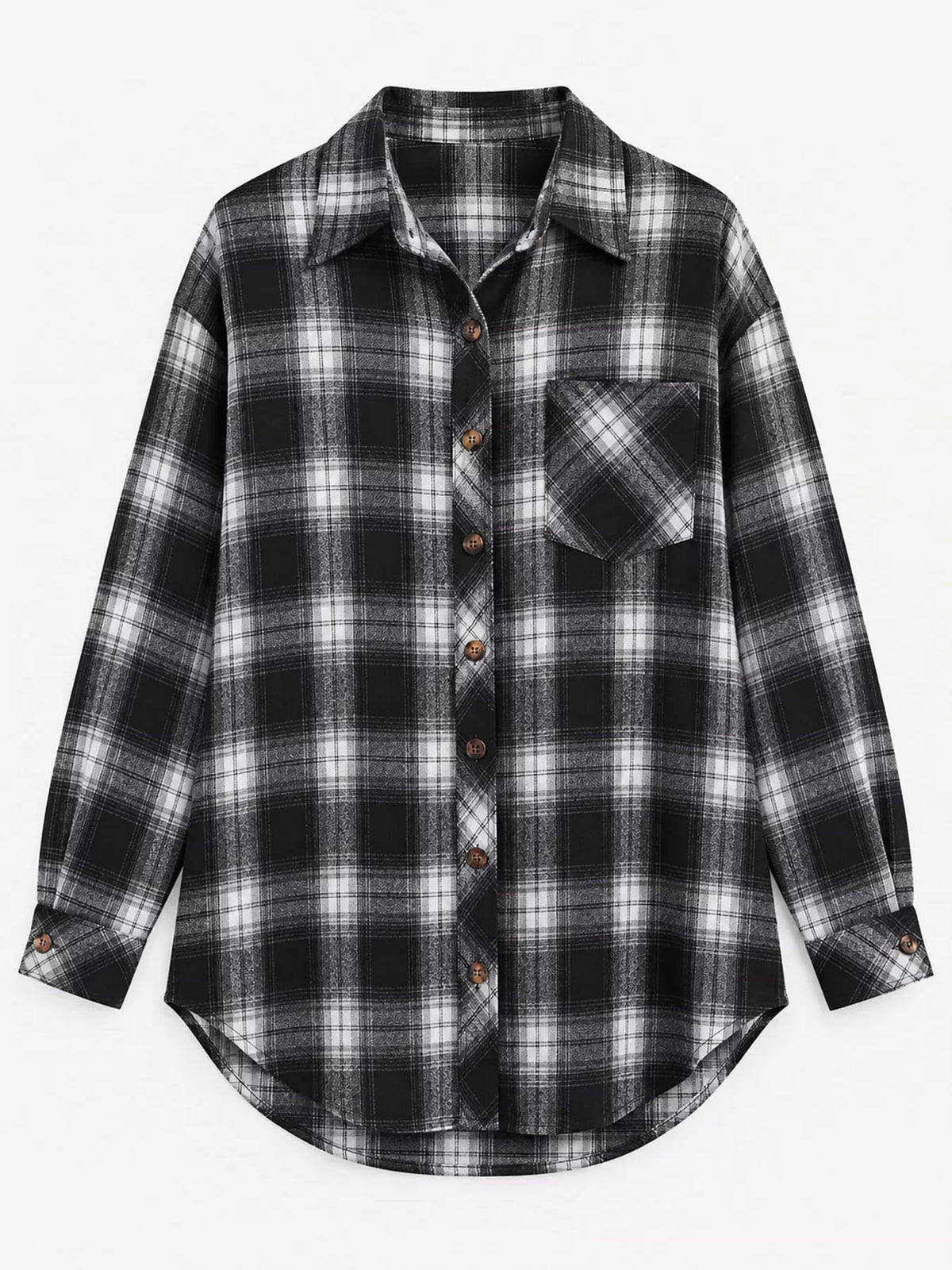 Plaid Button-Down Oversized Shirt - Black - View 7