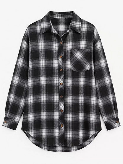 Plaid Button-Down Oversized Shirt - Black - View 7