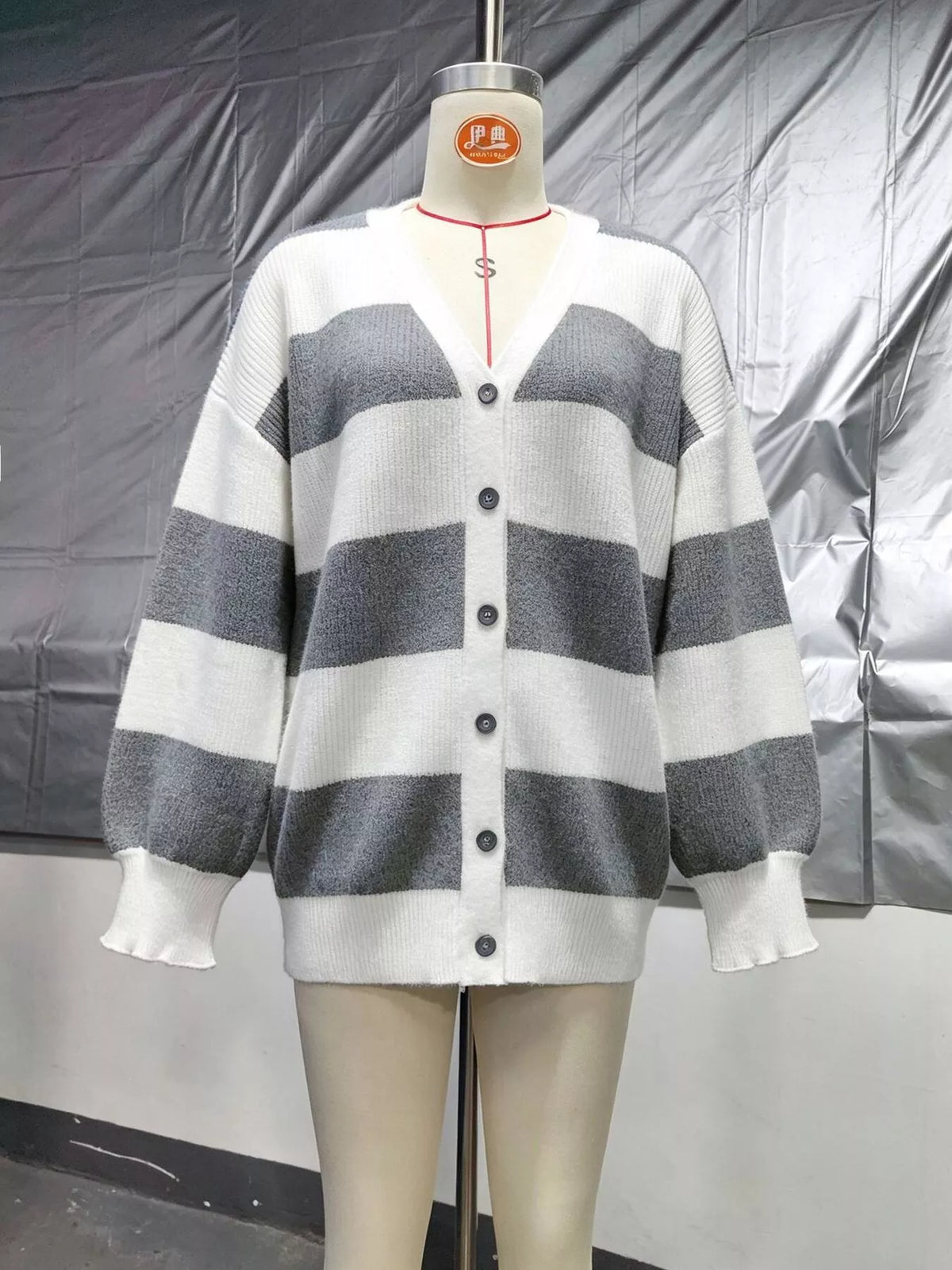 Striped V-Neck Button-Down Cardigan - Gray - View 8