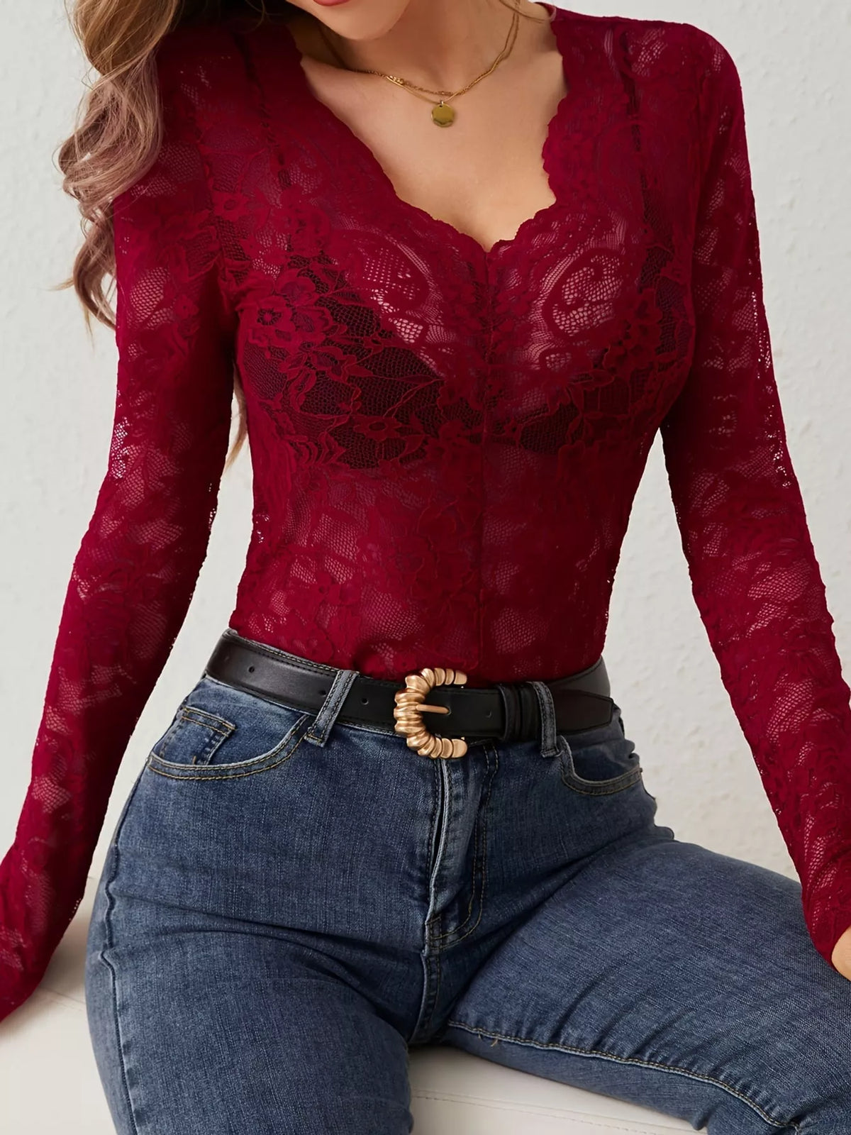 Lace V-Neck Long Sleeve Top - Burgundy - View 12