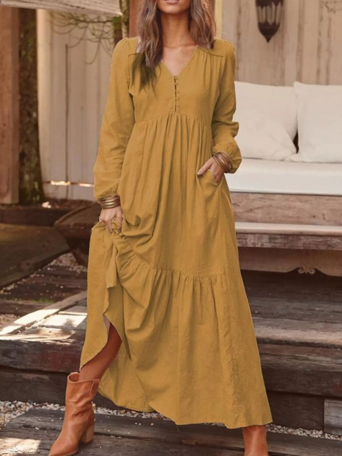 Full Size V-Neck Long Sleeve Tiered Maxi Dress with Pockets Plus Size - Mustard - View 1