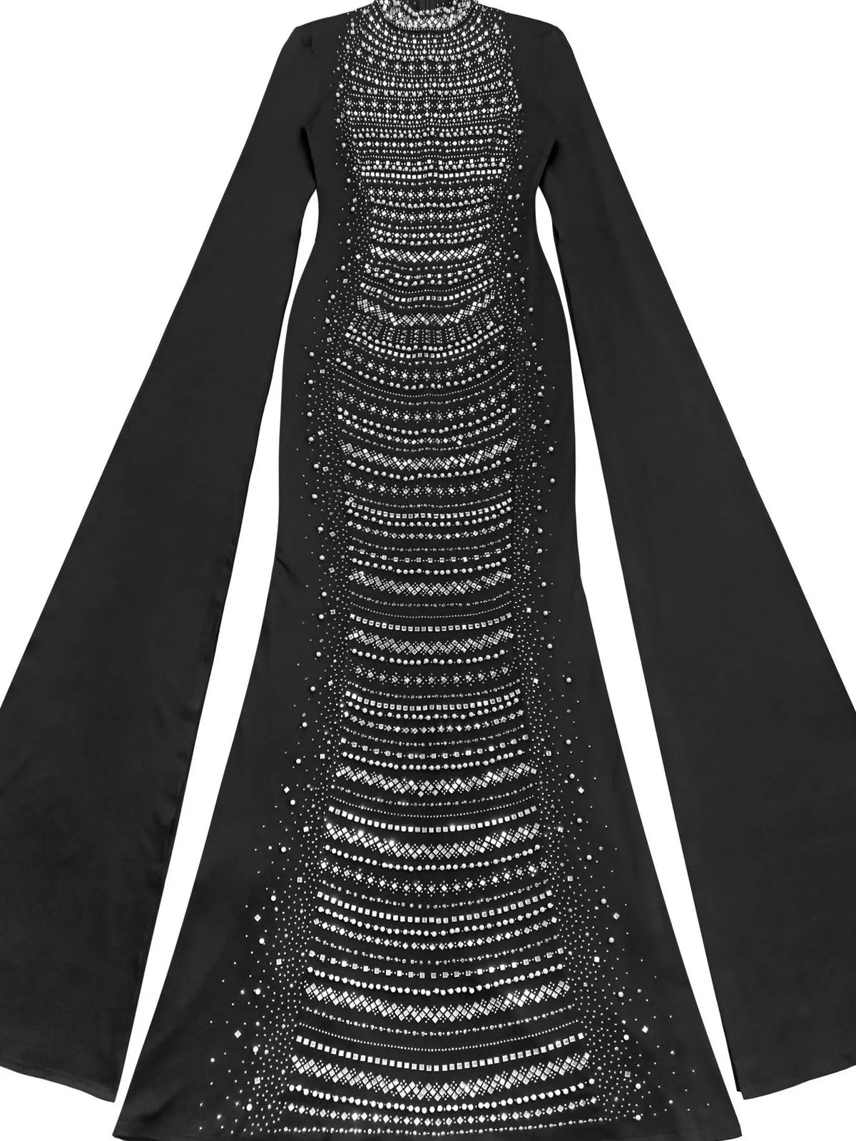Rhinestone Slit Flare Sleeve Cape Maxi Dress - Black - View 8