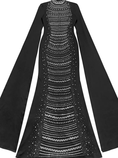 Rhinestone Slit Flare Sleeve Cape Maxi Dress - Black - View 8