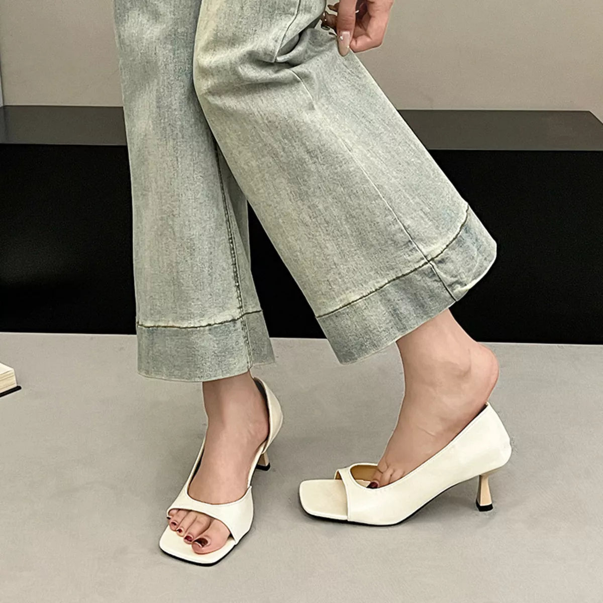 Open Toe Flare Heels Sandals - Ivory - View 2