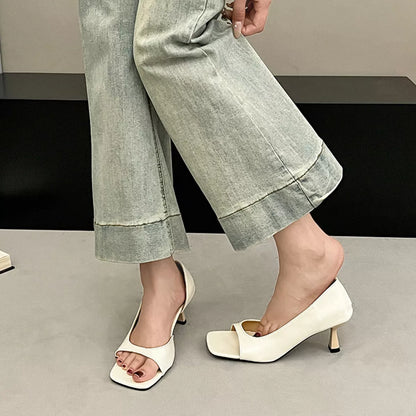 Open Toe Flare Heels Sandals - Ivory - View 2