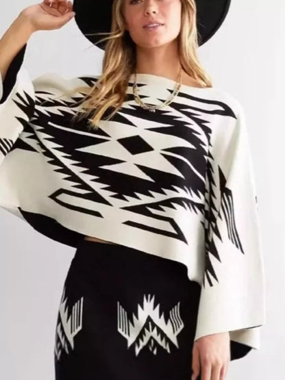Geometric Pattern Cropped Knit Top - White - View 1