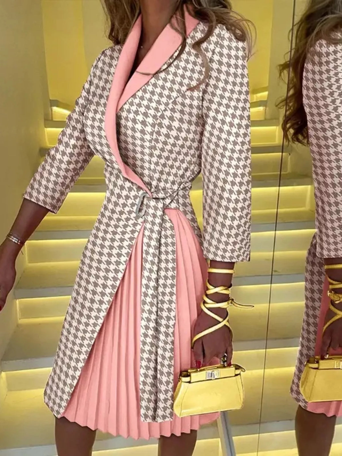 Blazer Style Pleated Midi Dress - Dusty Pink - View 1