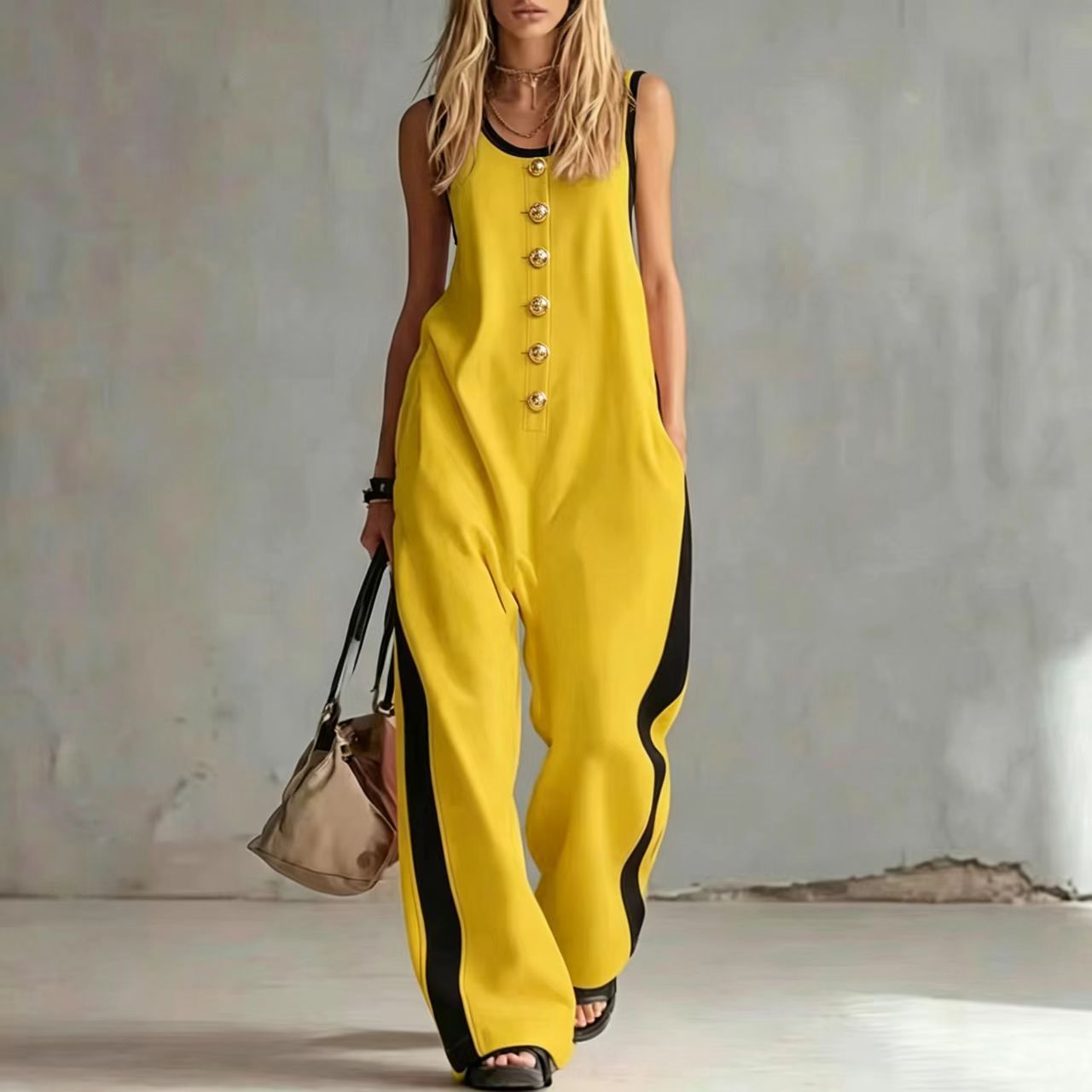 Creative Button Round Neck Color-Blocked Sleeveless Casual Jumpsuit