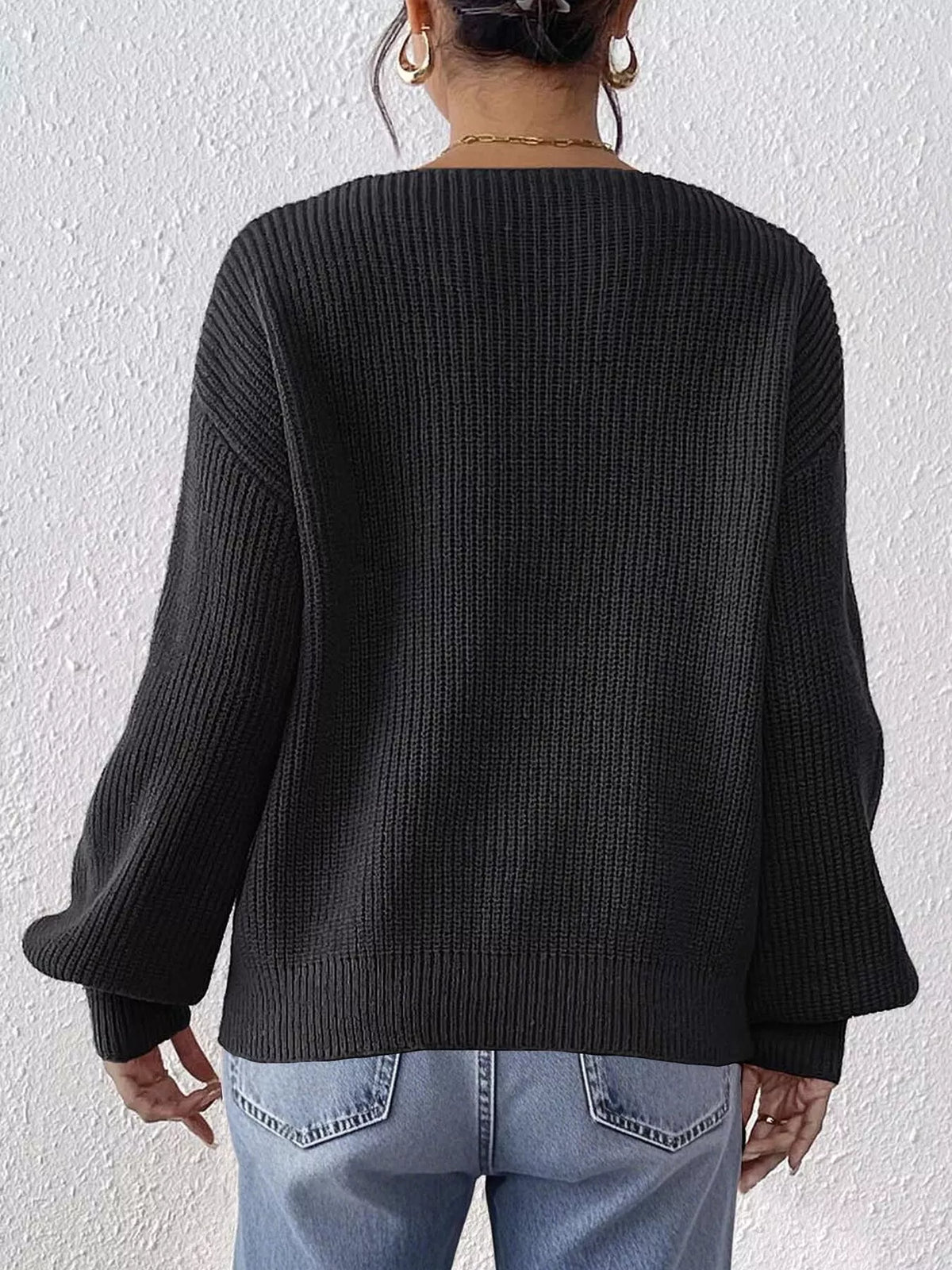 Bow-Tie Sleeve V-Neck Sweater - Black - View 5