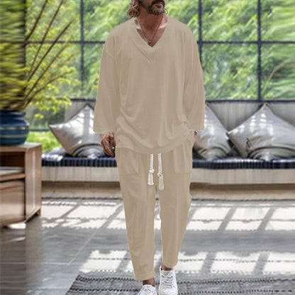 V-neck shirt casual loose long sleeved long pants beach set