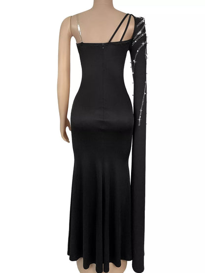Rhinestone Pearl Detail One-Shoulder Mermaid Maxi Dress - Black - View 6