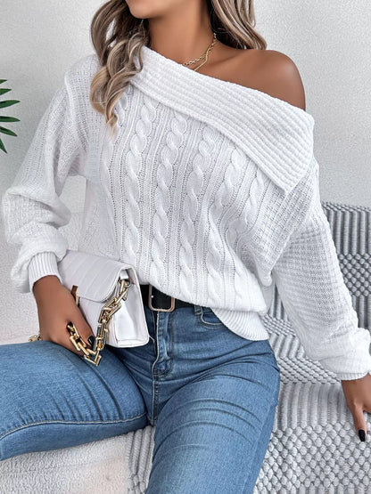 One Shoulder Cable Knit Sweater - White - View 2