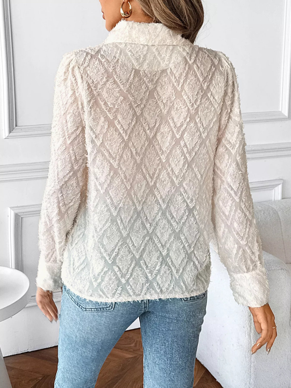 Textured Long Sleeve Button-Up Shirt - Apricot - View 6