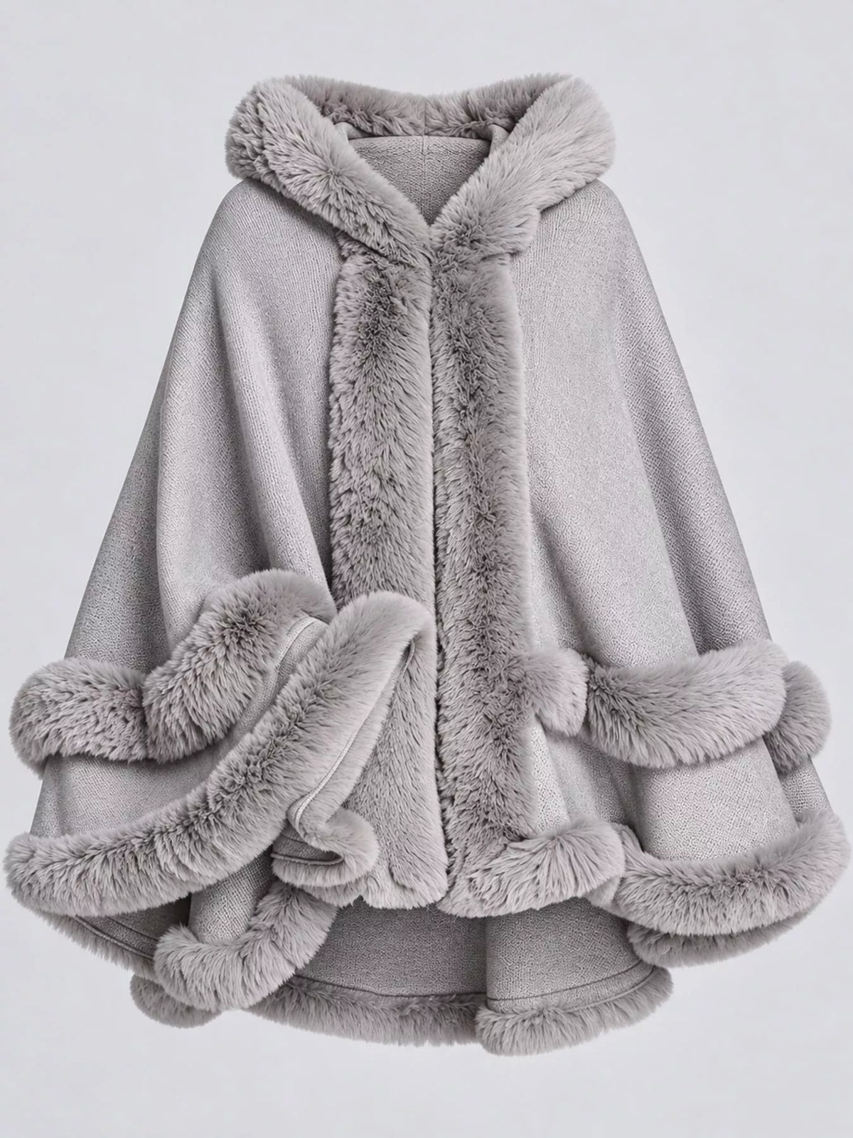 Faux Fur Trimmed Hooded Cape - Light Gray - View 52