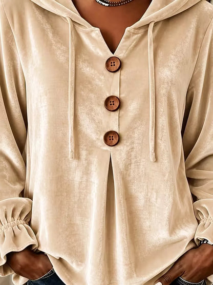 Full Size Decorative Buttons Velvet Hoodie Plus Size - Beige - View 2
