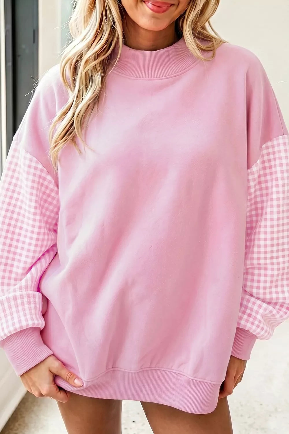 Plaid Sleeve Colorblock Loose Tunic Sweatshirt - Blush Pink - View 1