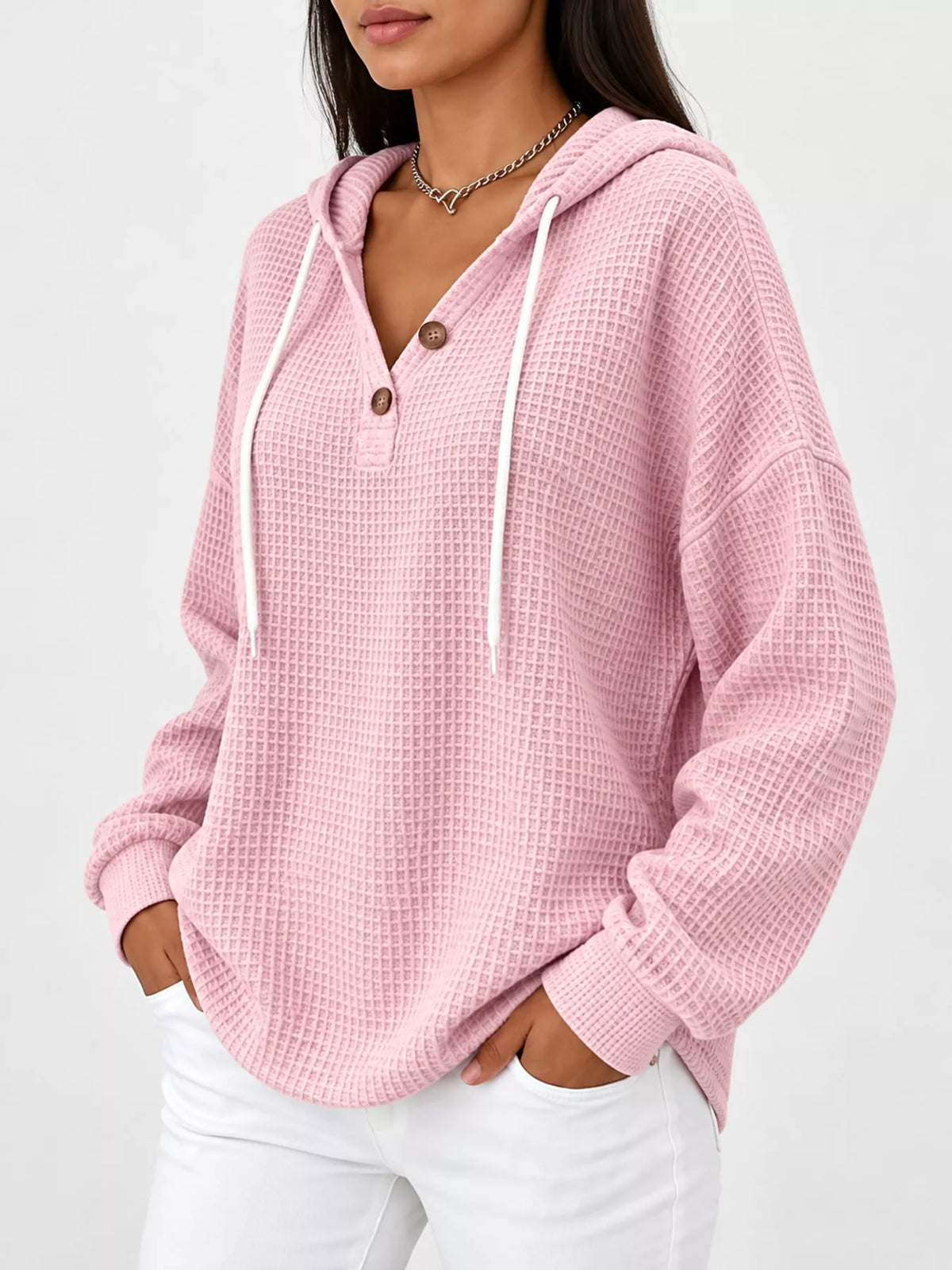 Full Size Waffle Knit Button Detail Hoodie Plus Size - Pink - View 16