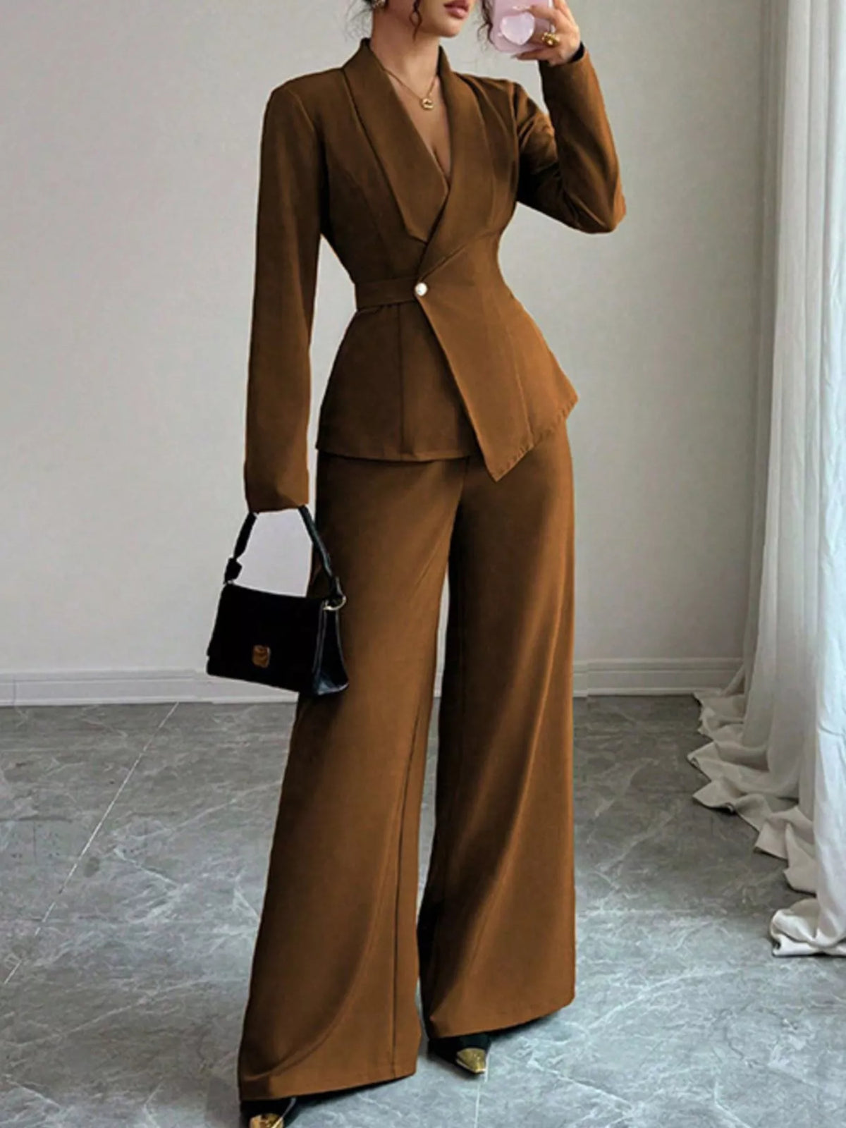 One Button Blazer and Pants Set - Brown Color - View 15