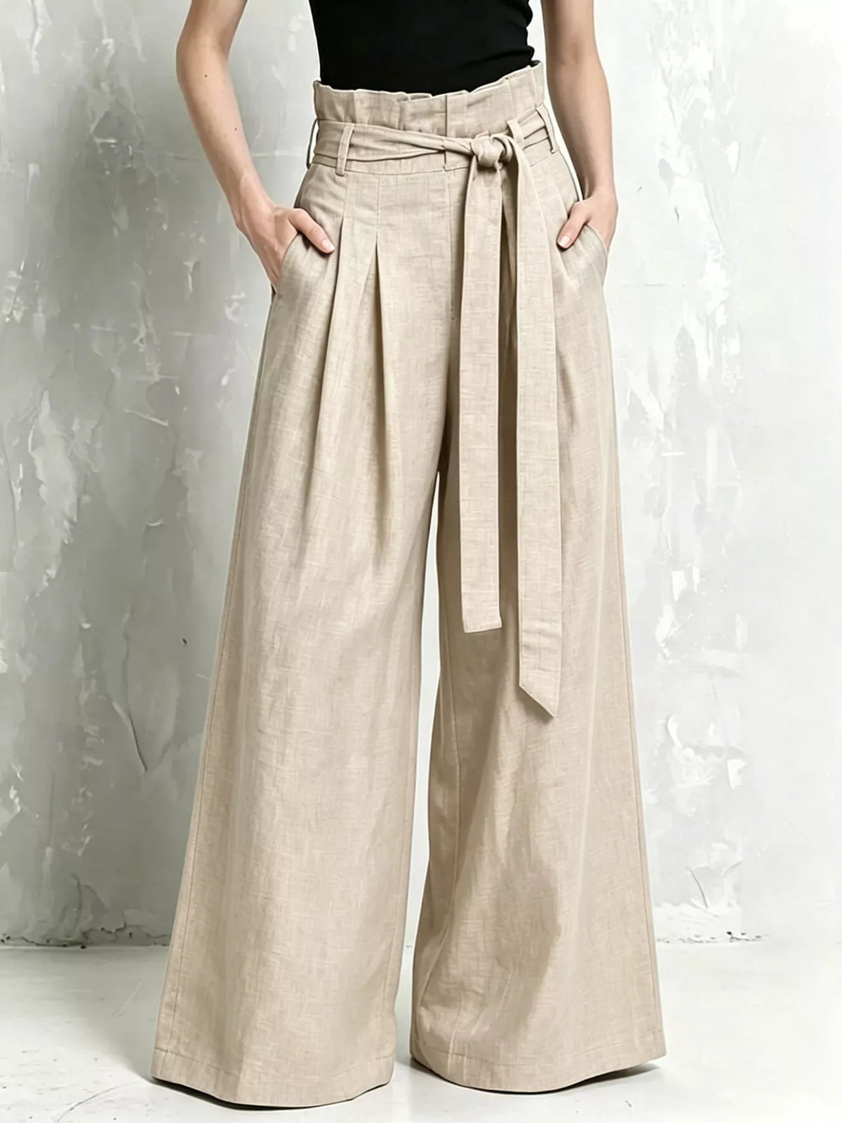 Full Size Wide-Leg Paperbag Waist Pants Plus Size - Khaki - View 5