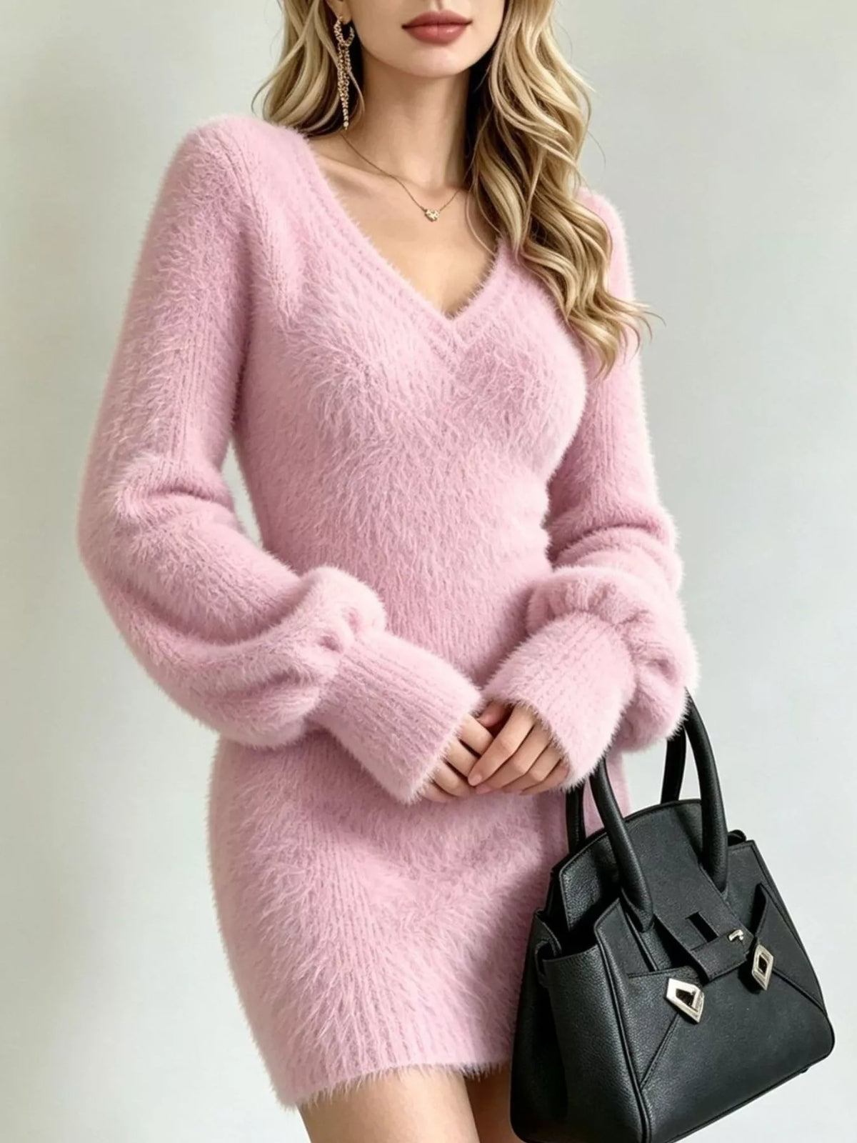 Fuzzy V-Neck Long Sleeve Sweater Dress - Dusty Pink - View 3