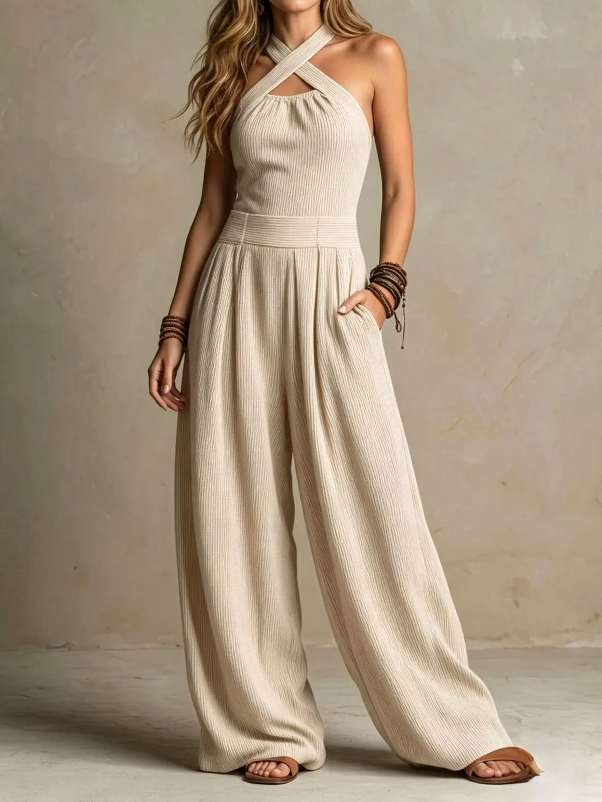 Halter Neck Wide-Leg Jumpsuit with Pockets - Khaki - View 1
