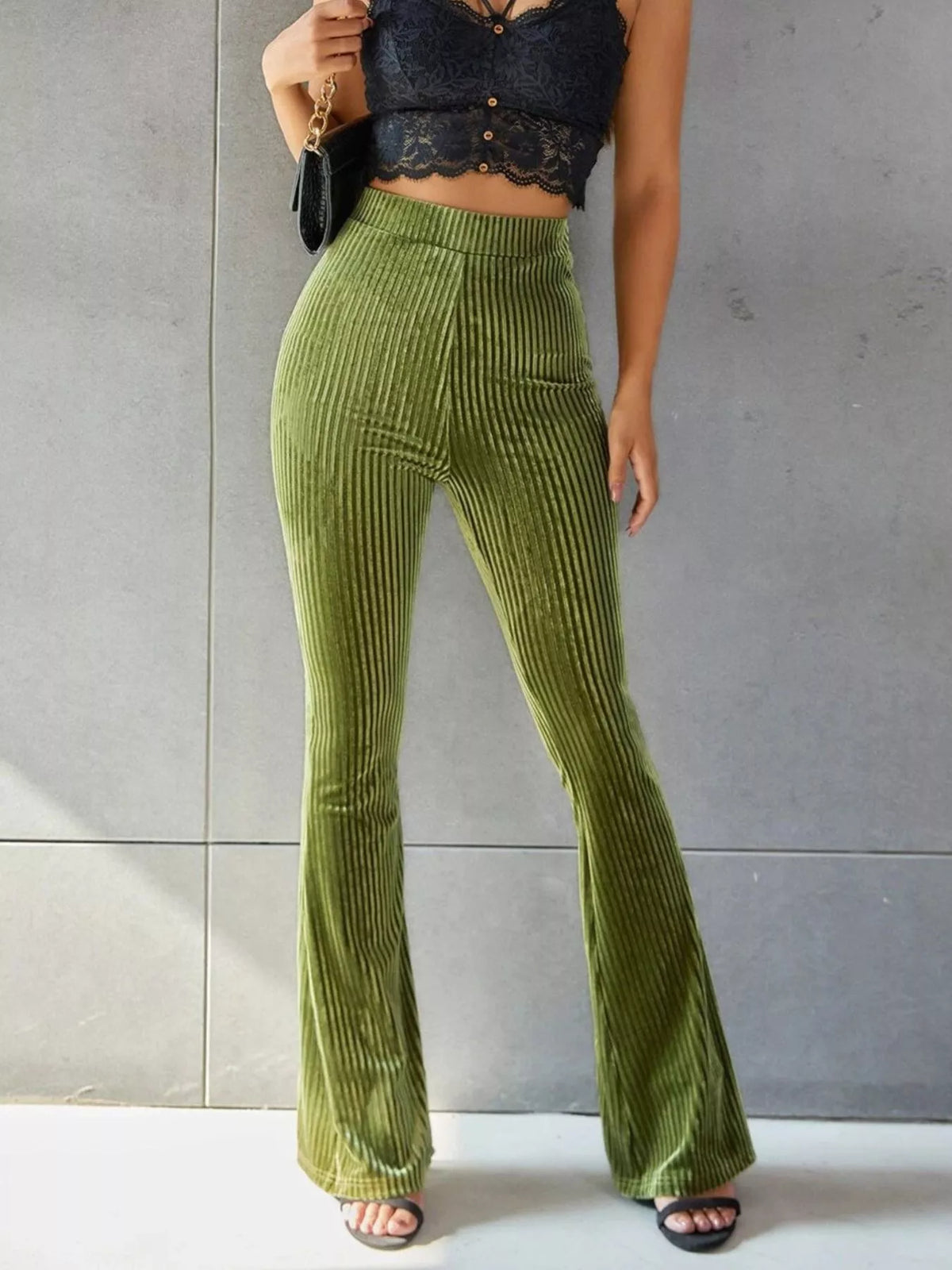 High-Waisted Ribbed Velvet Flare Pants - Matcha Green - View 3
