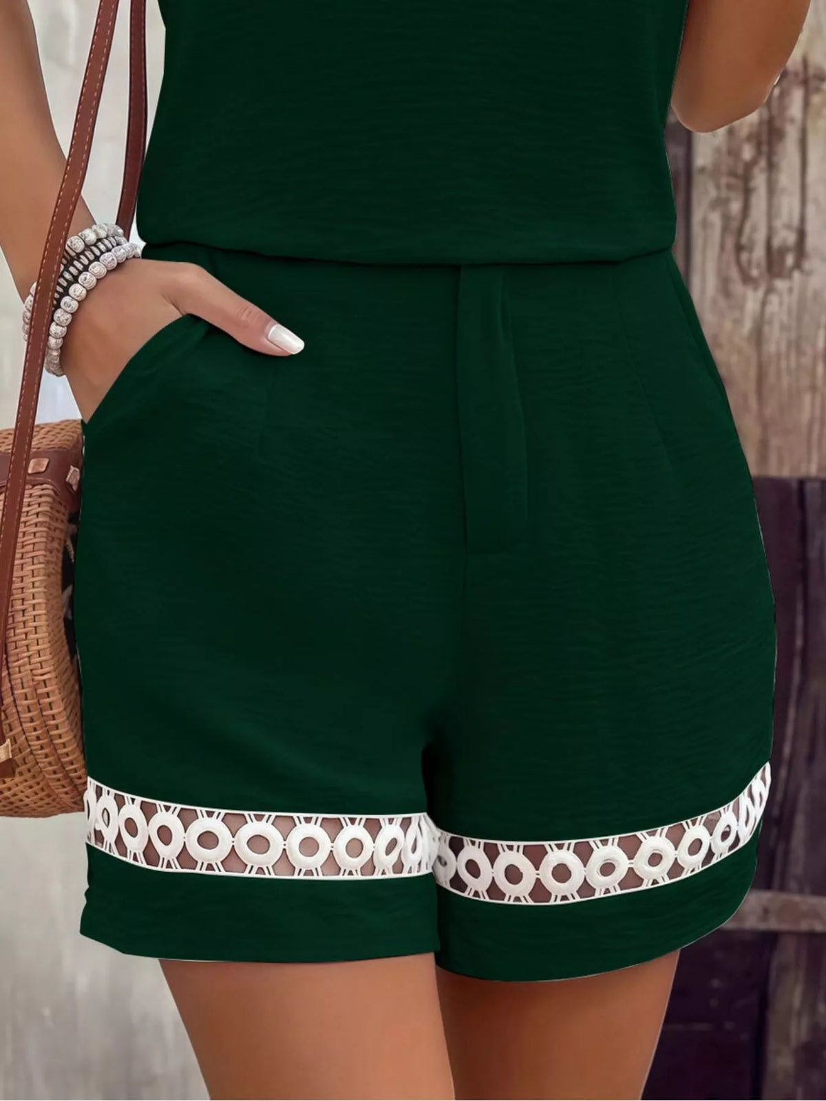 Lace Trim Short Sleeve Top and Shorts Set - Dark Green - View 3