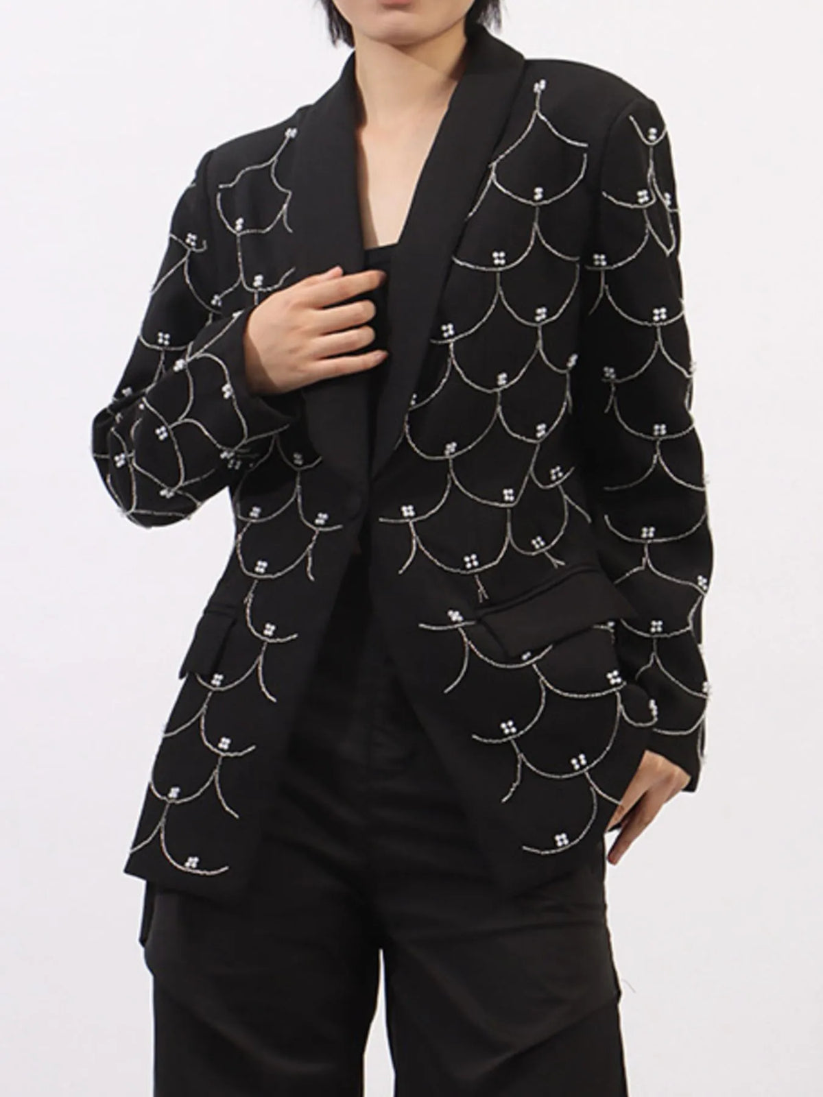 Pearl Detail Long Sleeve Blazer - Black - View 4