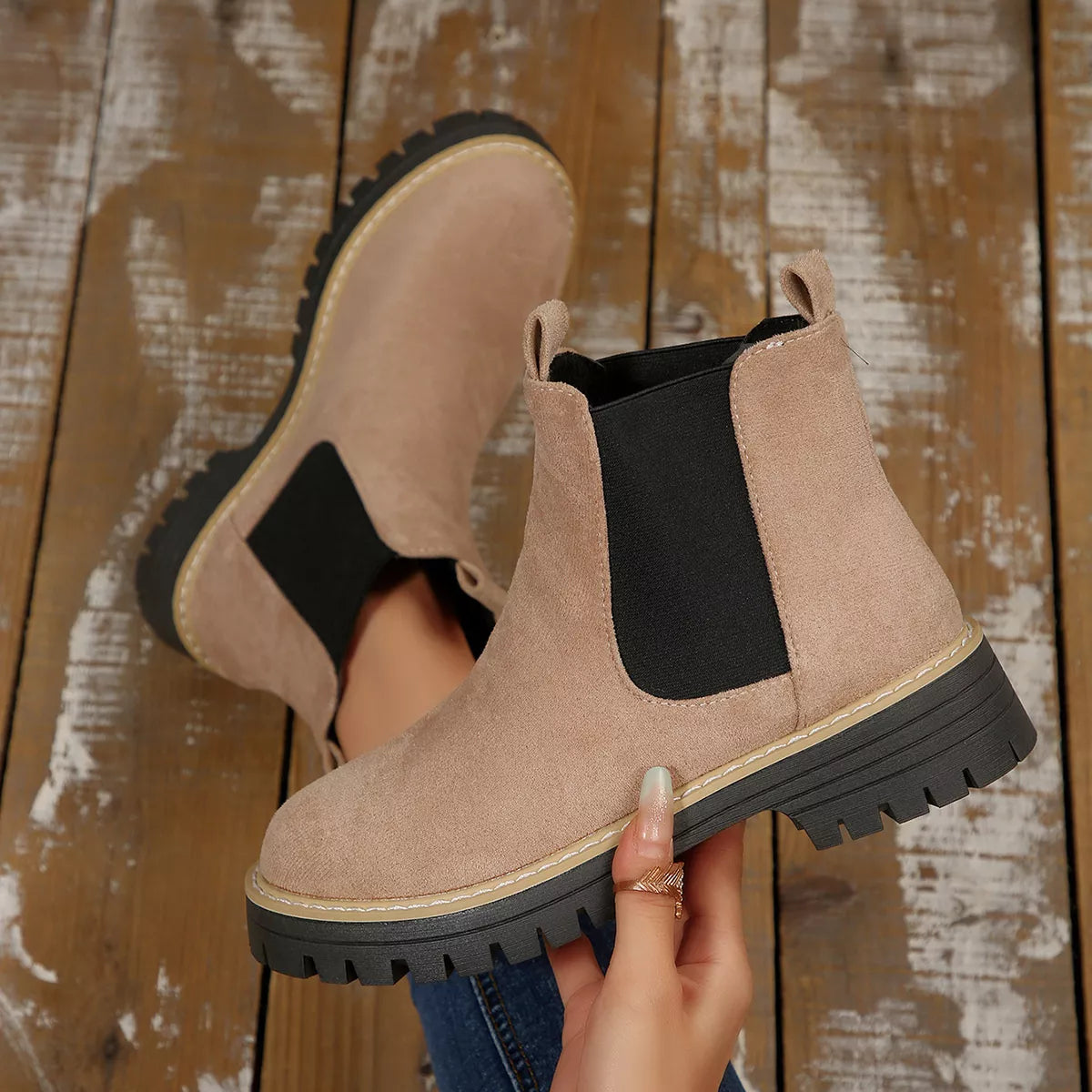 Round Toe Block Heels Boots - Beige - View 19