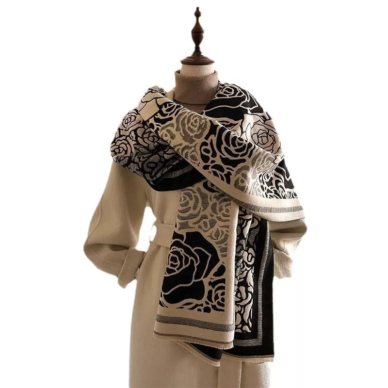 Rose Pattern Raw Hem Scarf - Black - View 5