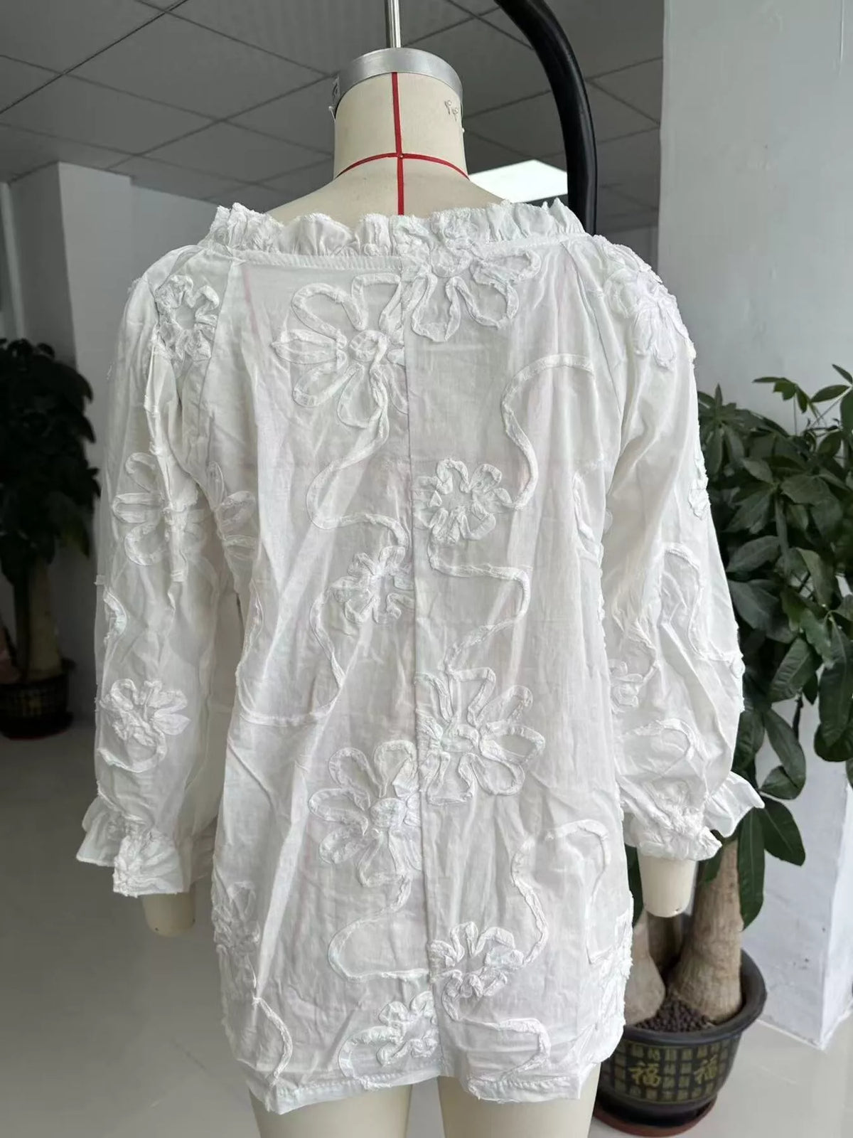 Floral Tie Neck 3/4 Sleeve Blouse - White - View 2