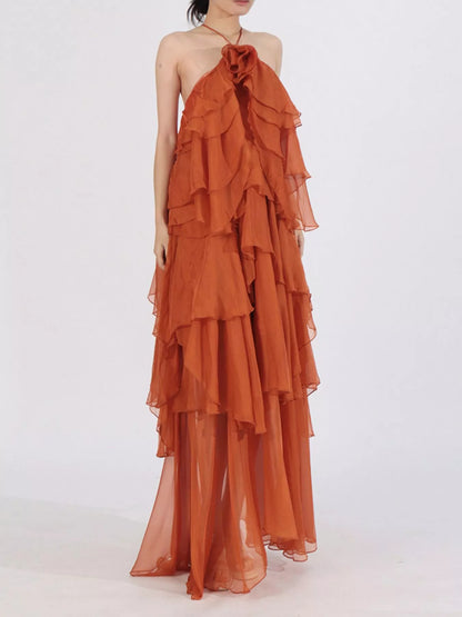Ruffled Chiffon Halter Neck Maxi Dress - Orange - Styled Three Quarter Front View II