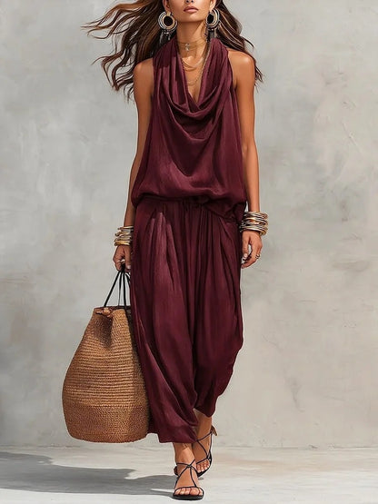 Elegant Office Wear Set for Women with Pleated Collar Top and Casual Pants Set