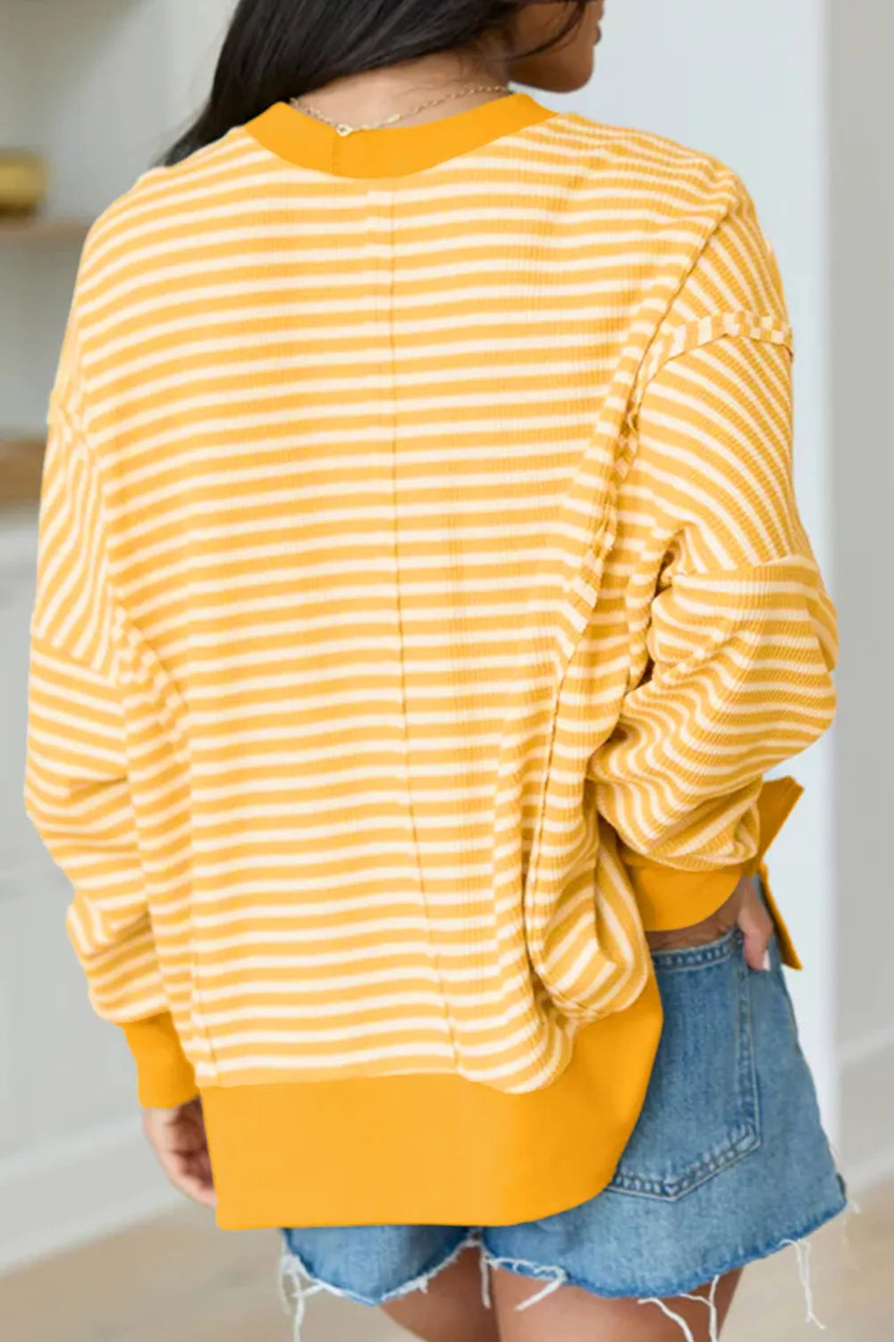 Stripe Halloween Pumpkin Face Waffle Knit Pullover Loose Top with Slits - Gold - View 5