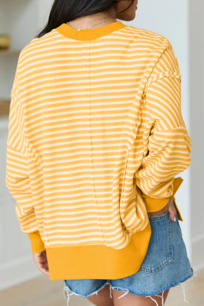 Stripe Halloween Pumpkin Face Waffle Knit Pullover Loose Top with Slits - Gold - View 5
