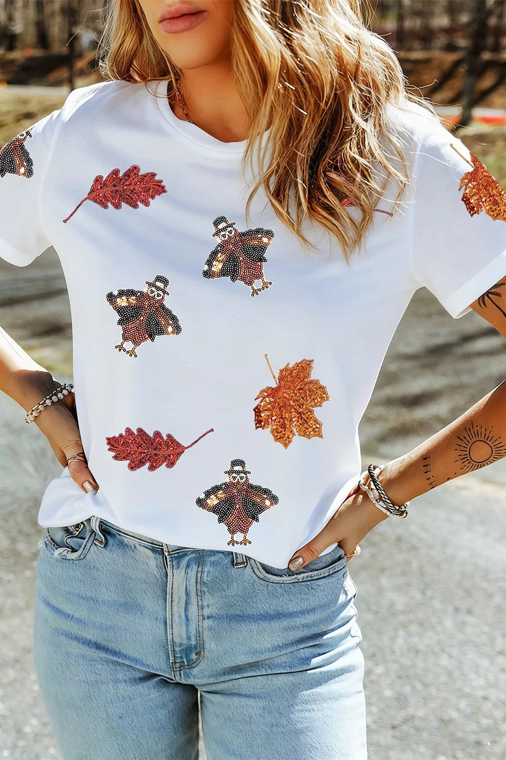 Full Size Sequin Autumn Leaf Thanksgiving Turkey T Shirt Plus Size - White - View 1