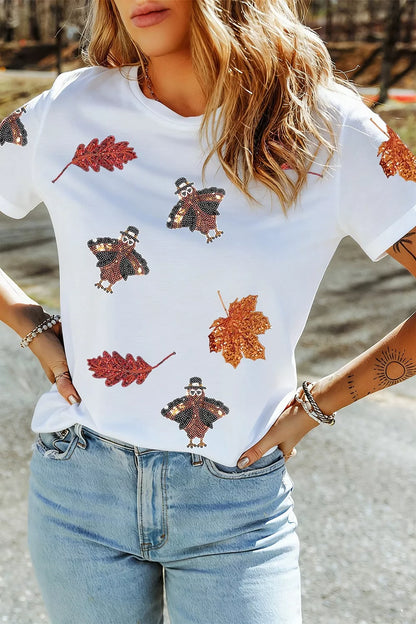 Full Size Sequin Autumn Leaf Thanksgiving Turkey T Shirt Plus Size - White - View 1